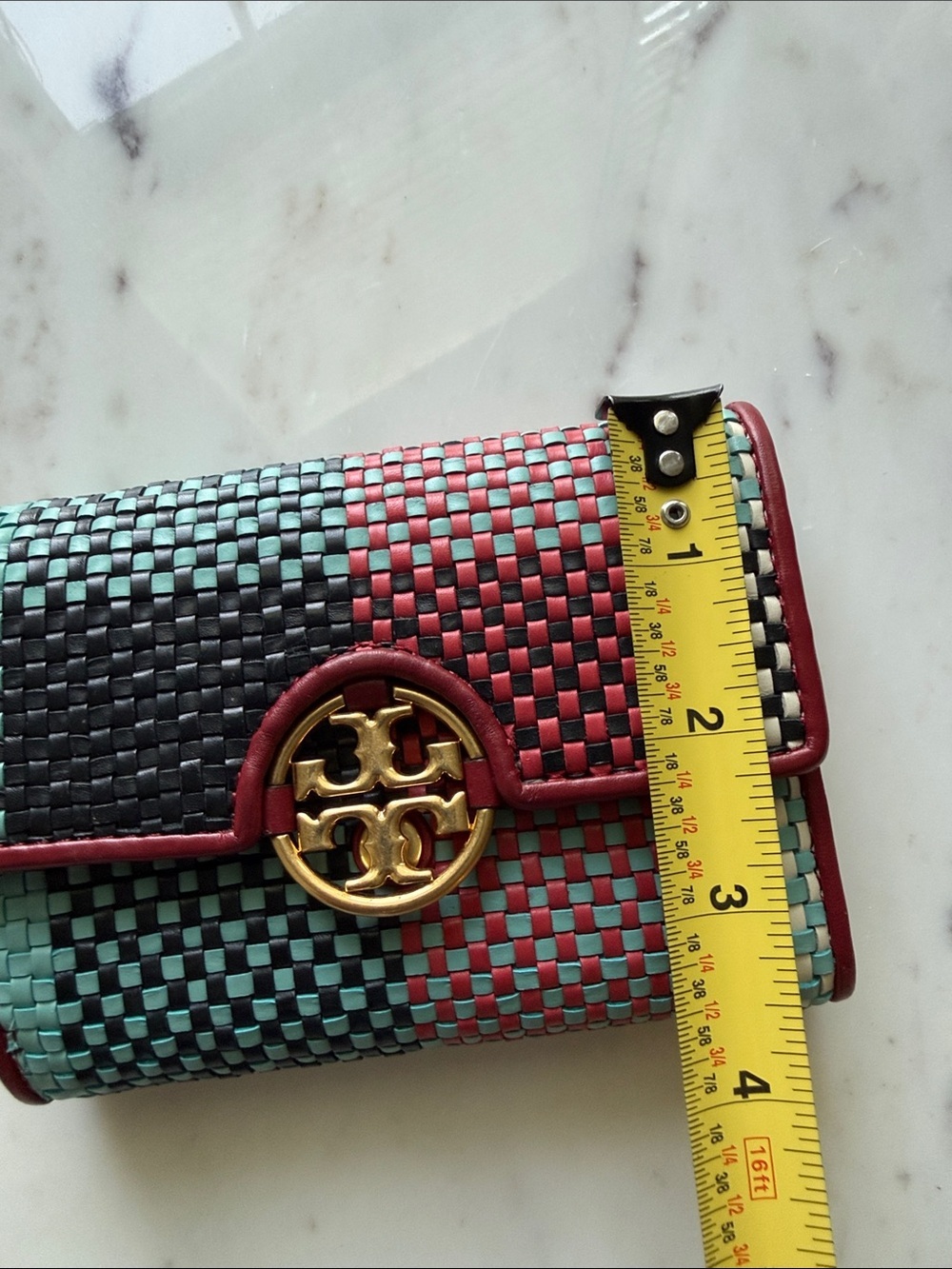 Tory Burch Woven Checker Compact Wallet - Red, Teal & Black - Picture 10 of 12